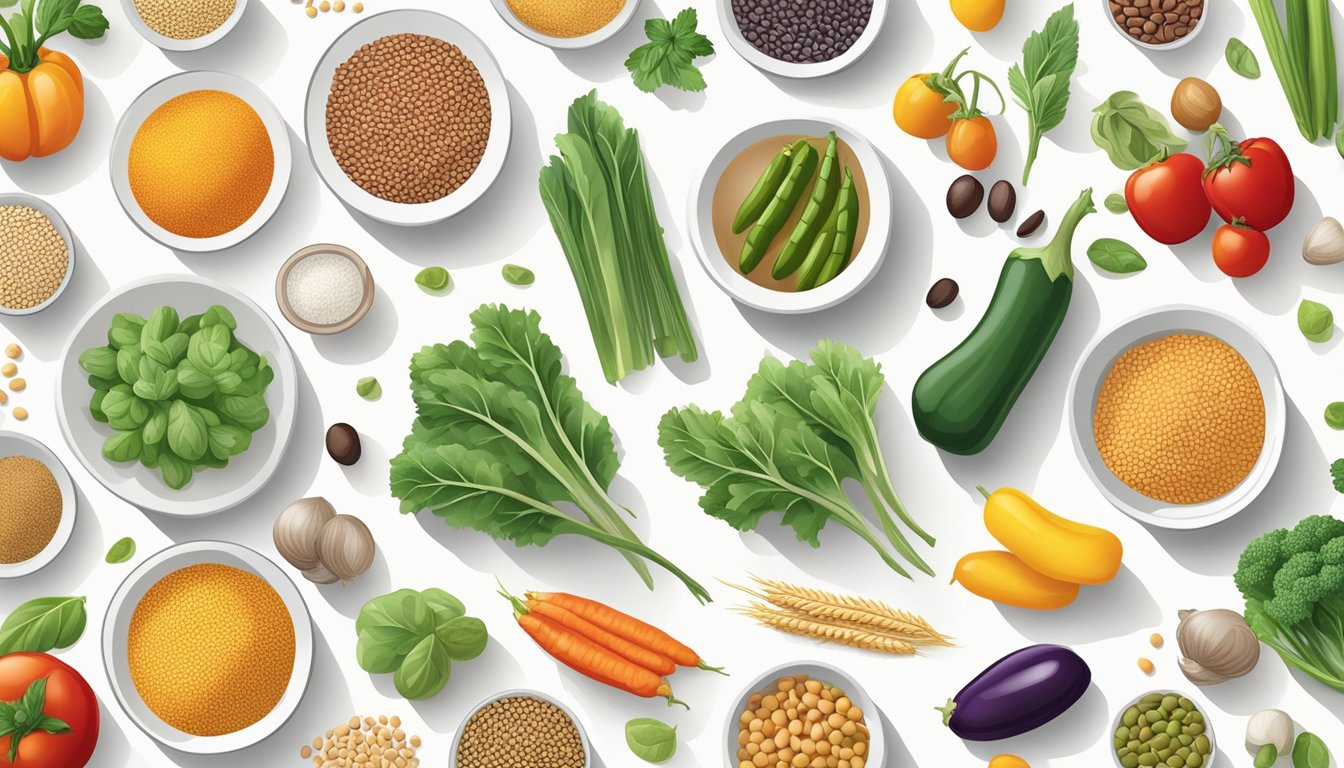 A variety of ingredients, including vegetables, grains, and legumes, are laid out on a clean, white surface