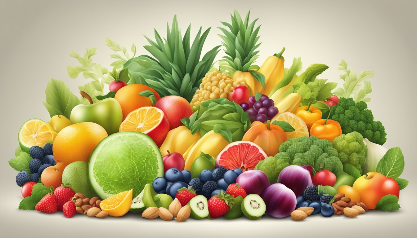 A colorful array of fresh fruits, vegetables, nuts, and grains arranged in a balanced and appetizing composition