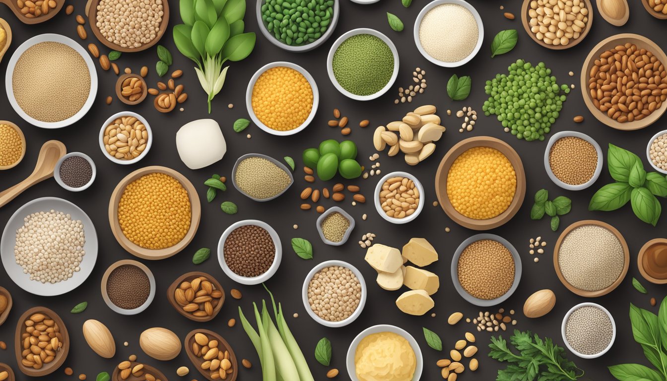 A variety of plant-based protein sources arranged on a table, including beans, lentils, quinoa, tofu, and nuts