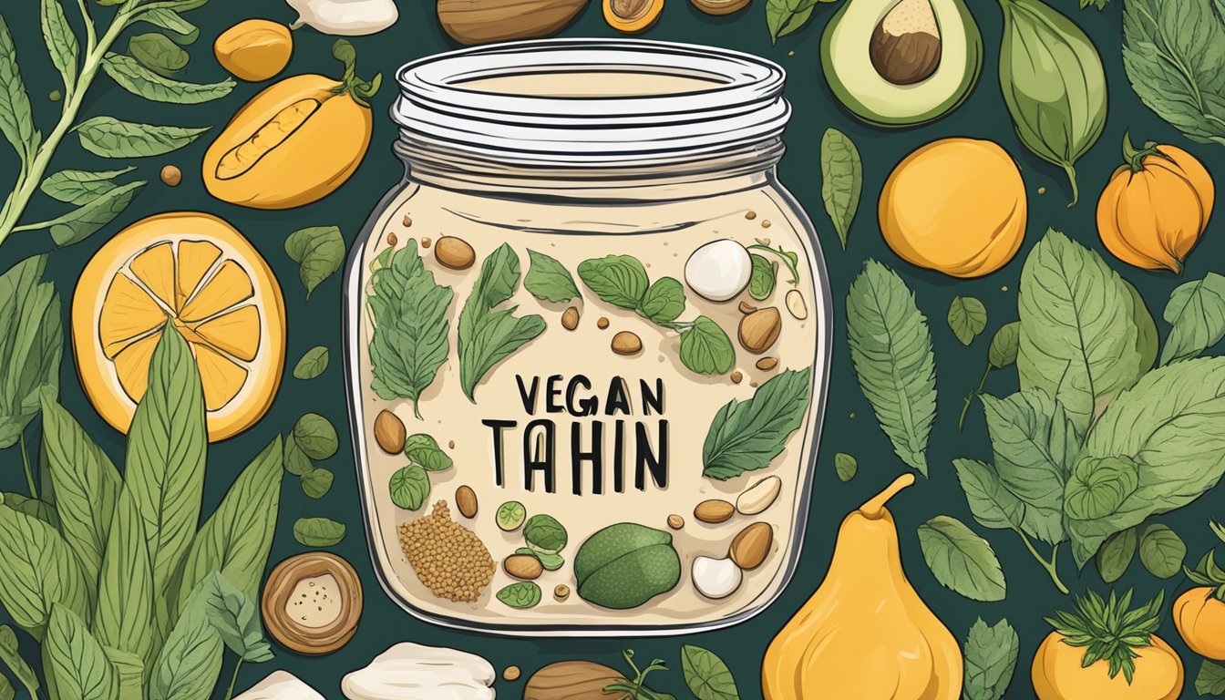 A jar of tahini surrounded by various plant-based foods, with a prominent "vegan" label on the jar