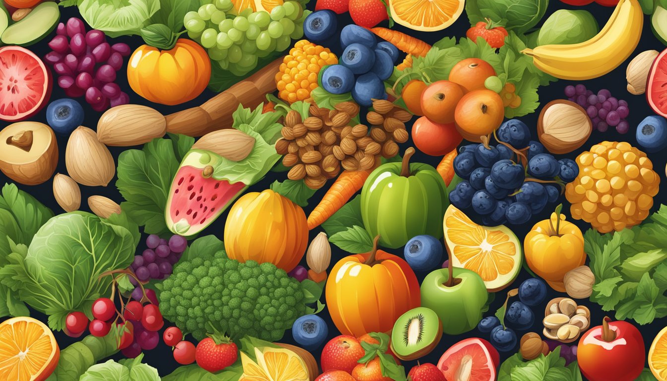 A colorful array of fruits, vegetables, nuts, and grains arranged in an enticing display