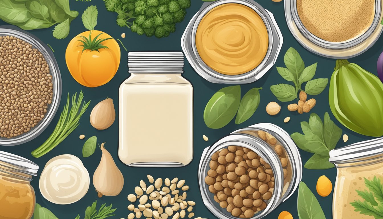 A jar of tahini surrounded by a variety of plant-based foods, such as vegetables, fruits, and grains, highlighting its vegan-friendly nutritional profile