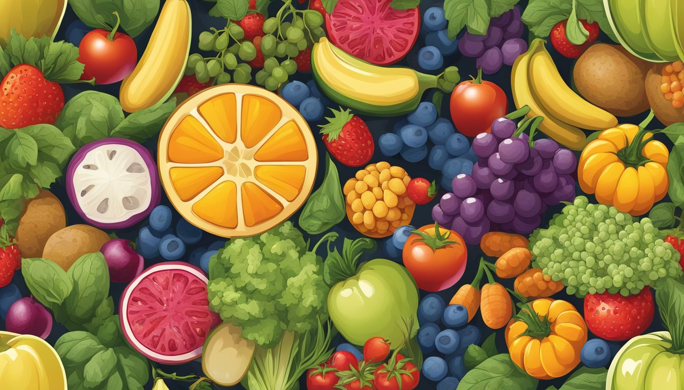 A colorful array of fruits, vegetables, grains, and legumes arranged in a balanced composition