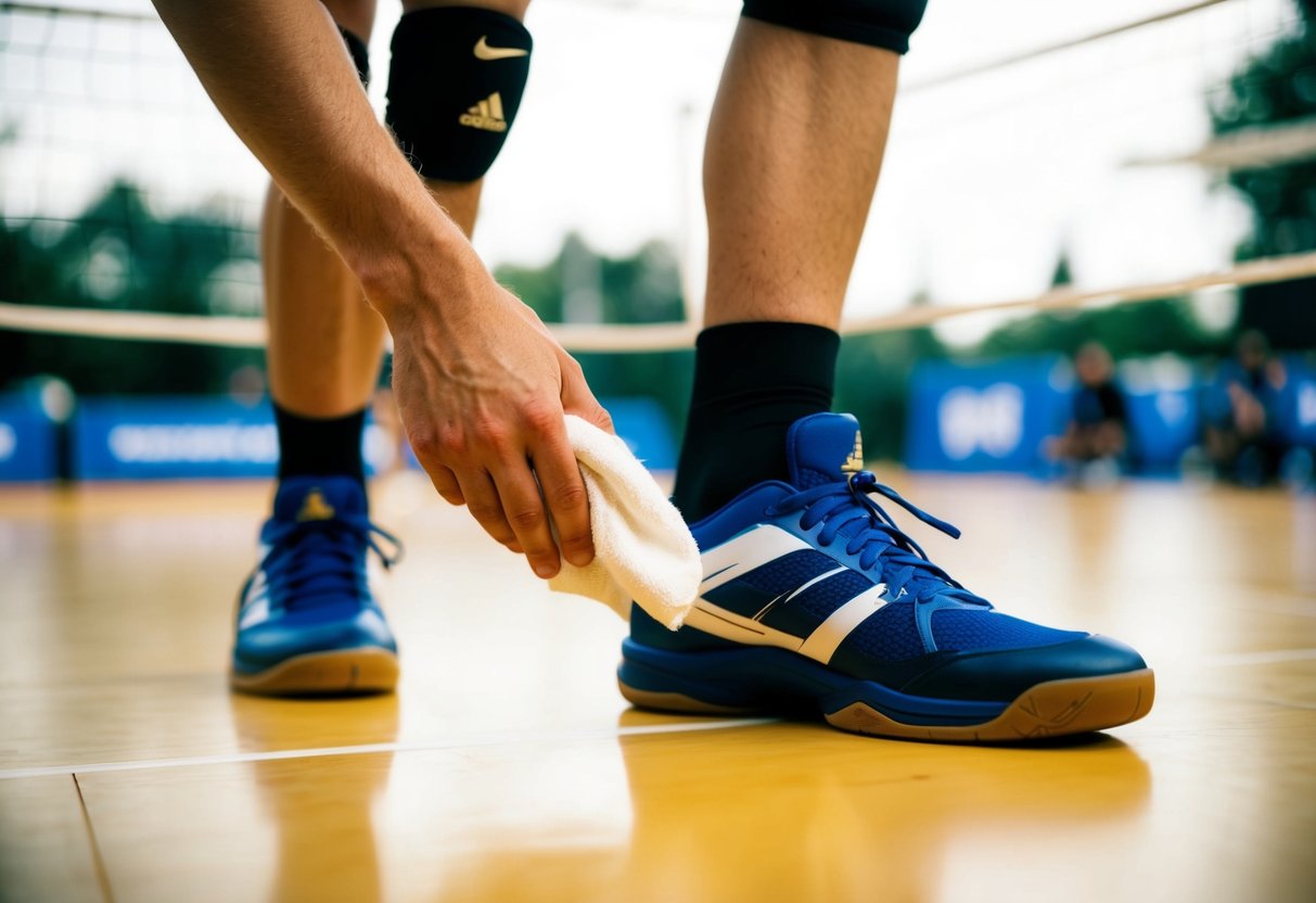 Volleyball player wipes shoe sole with hand before serving