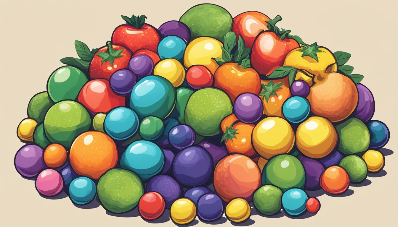 A colorful pile of gobstoppers surrounded by various fruits and vegetables, with a "vegan" label prominently displayed