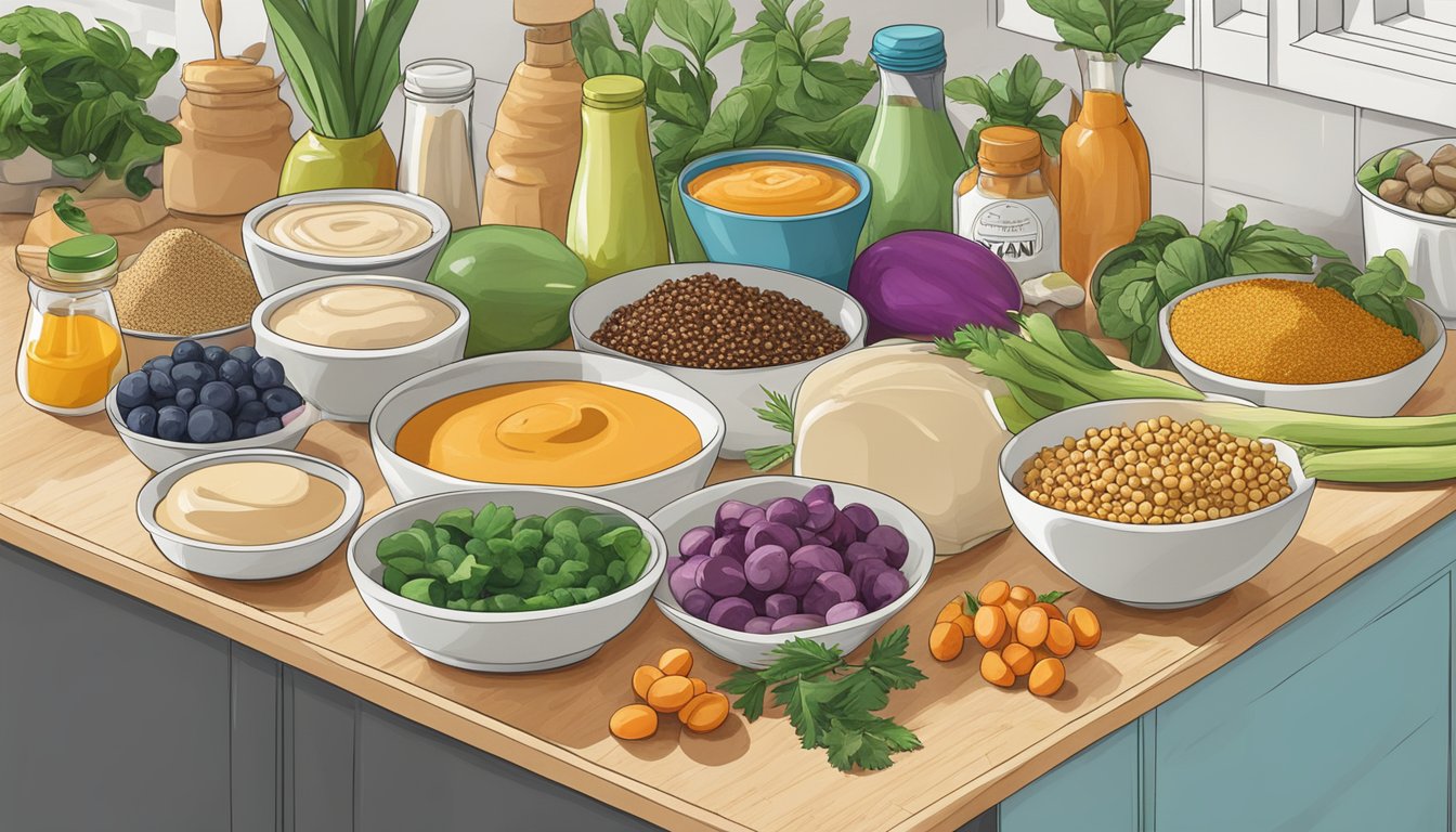 A colorful array of vegan ingredients, including tahini, arranged on a kitchen countertop