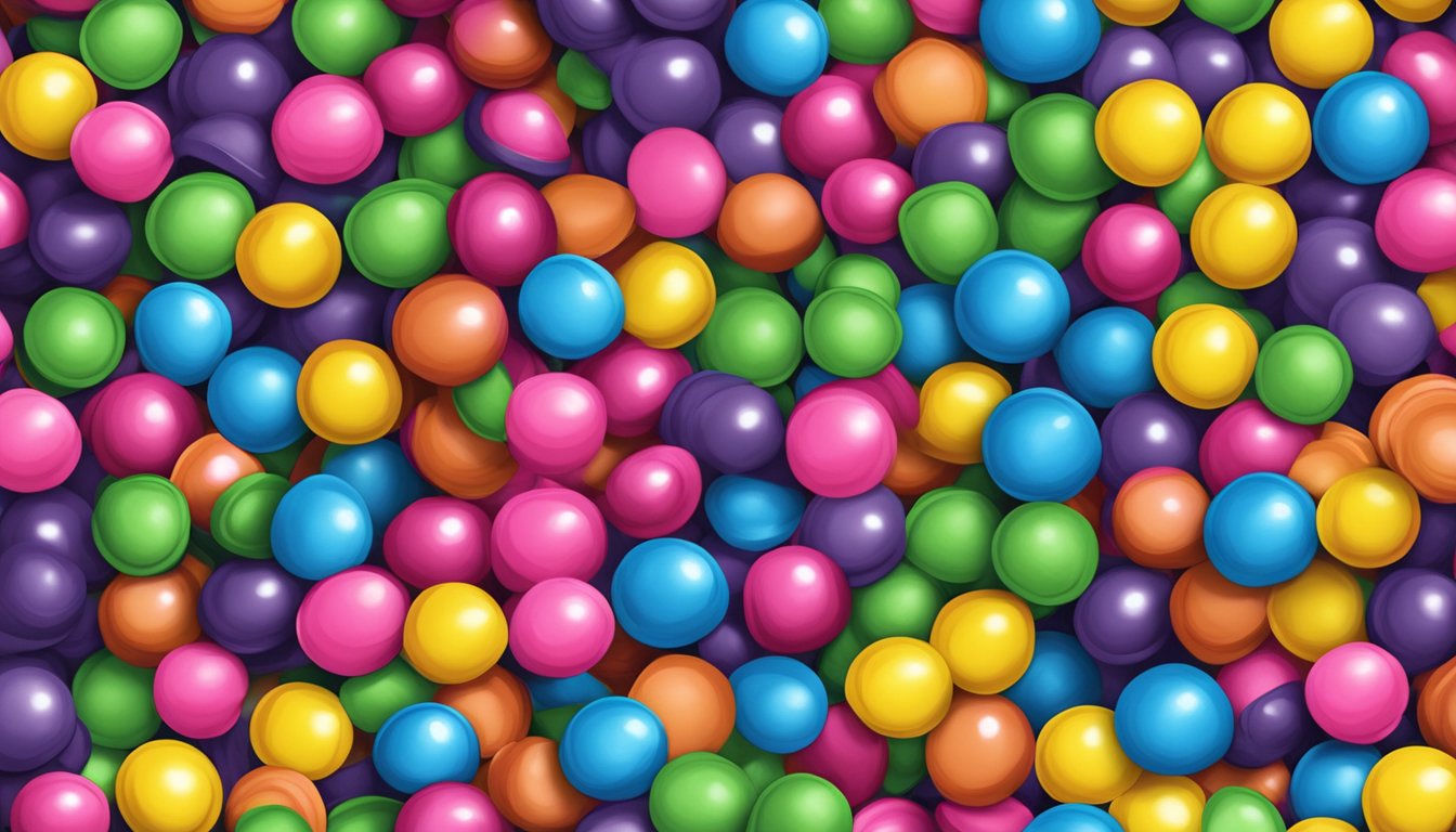 A colorful pile of gobstoppers spilling out of a paper bag, with a variety of flavors and sizes