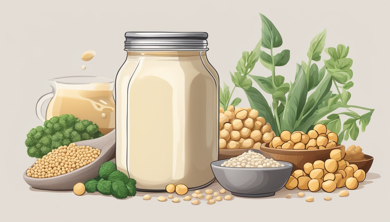 A jar of tahini surrounded by various vegan ingredients like chickpeas, vegetables, and grains, with a plant-based milk in the background