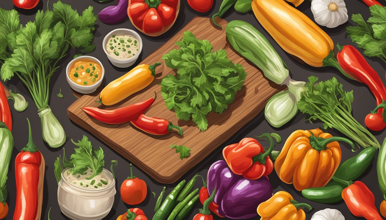 A variety of fresh vegetables and chili peppers are laid out on a wooden cutting board, while a bottle of sriracha sauce stands open next to them