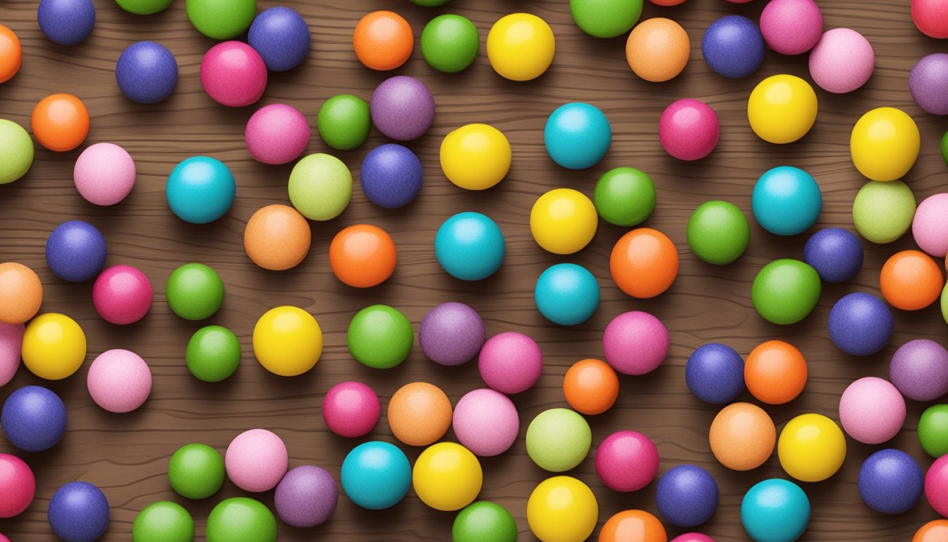 A colorful assortment of vegan-friendly gobstoppers arranged on a wooden table with scattered fruits and vegetables in the background