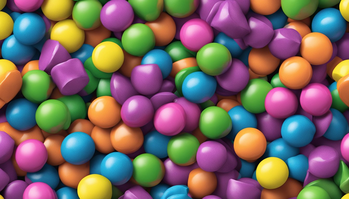 A colorful assortment of gobstoppers spilling out of a vibrant, eco-friendly package with "vegan" label