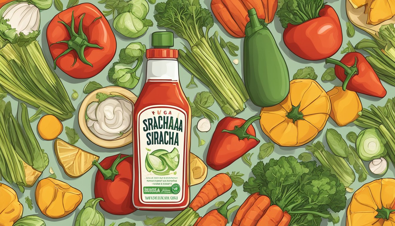 A bottle of Sriracha sauce surrounded by colorful, fresh vegetables and tofu, with a "vegan" label prominently displayed