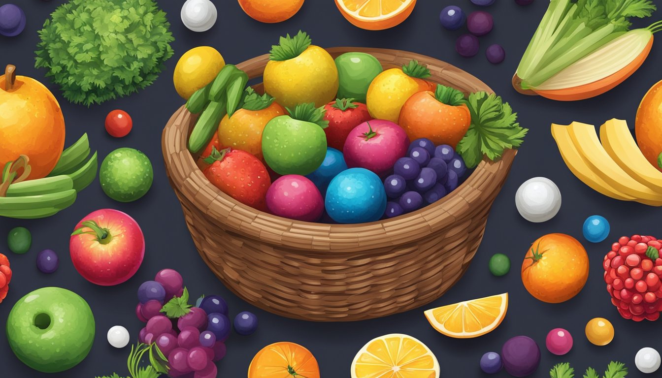 A colorful assortment of gobstoppers spills out of a woven basket onto a rustic wooden table, surrounded by vibrant fruits and vegetables