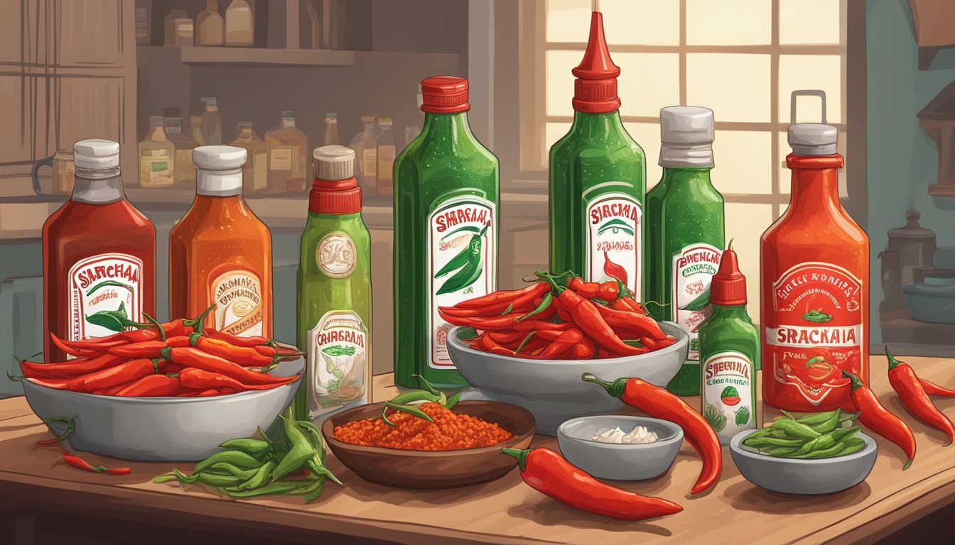 A table with various Sriracha bottles and variants, surrounded by chili peppers and garlic cloves