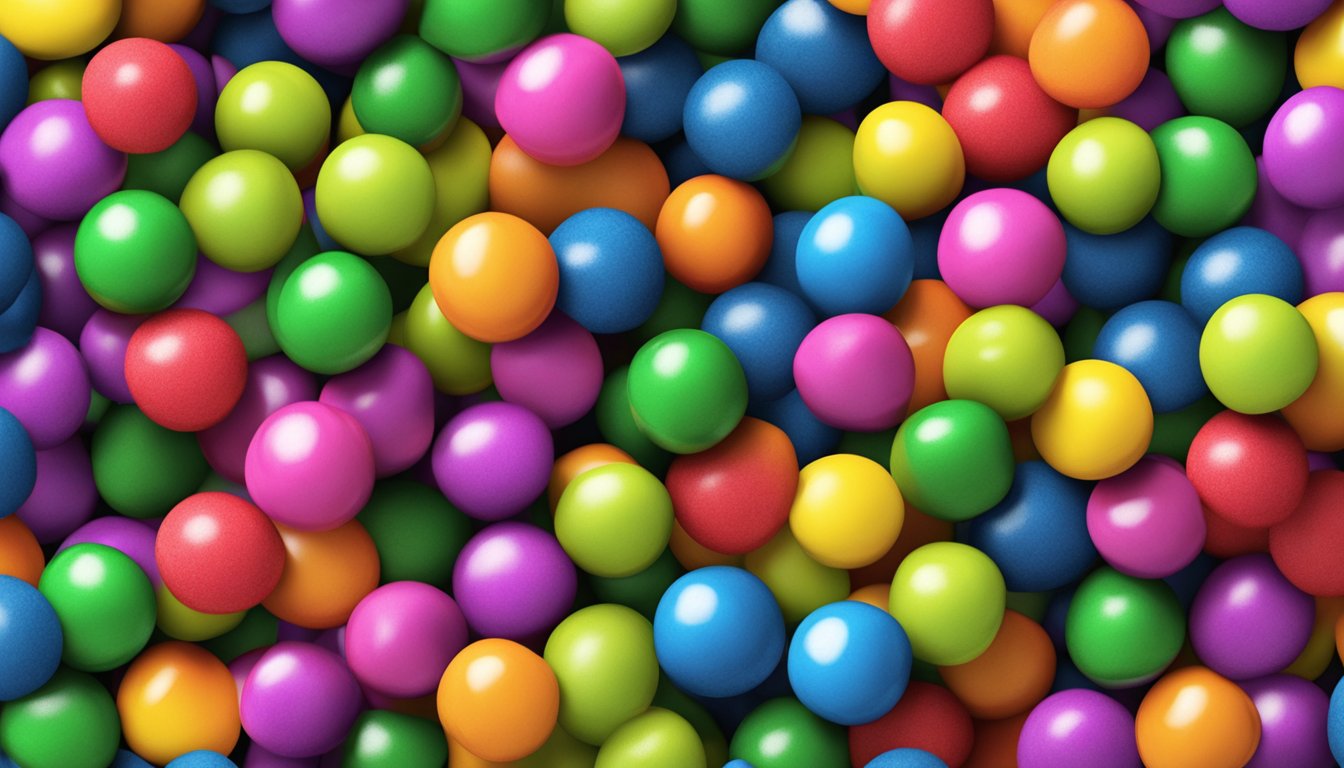 A pile of colorful gobstoppers arranged on a wooden table, surrounded by scattered fruit and vegetables