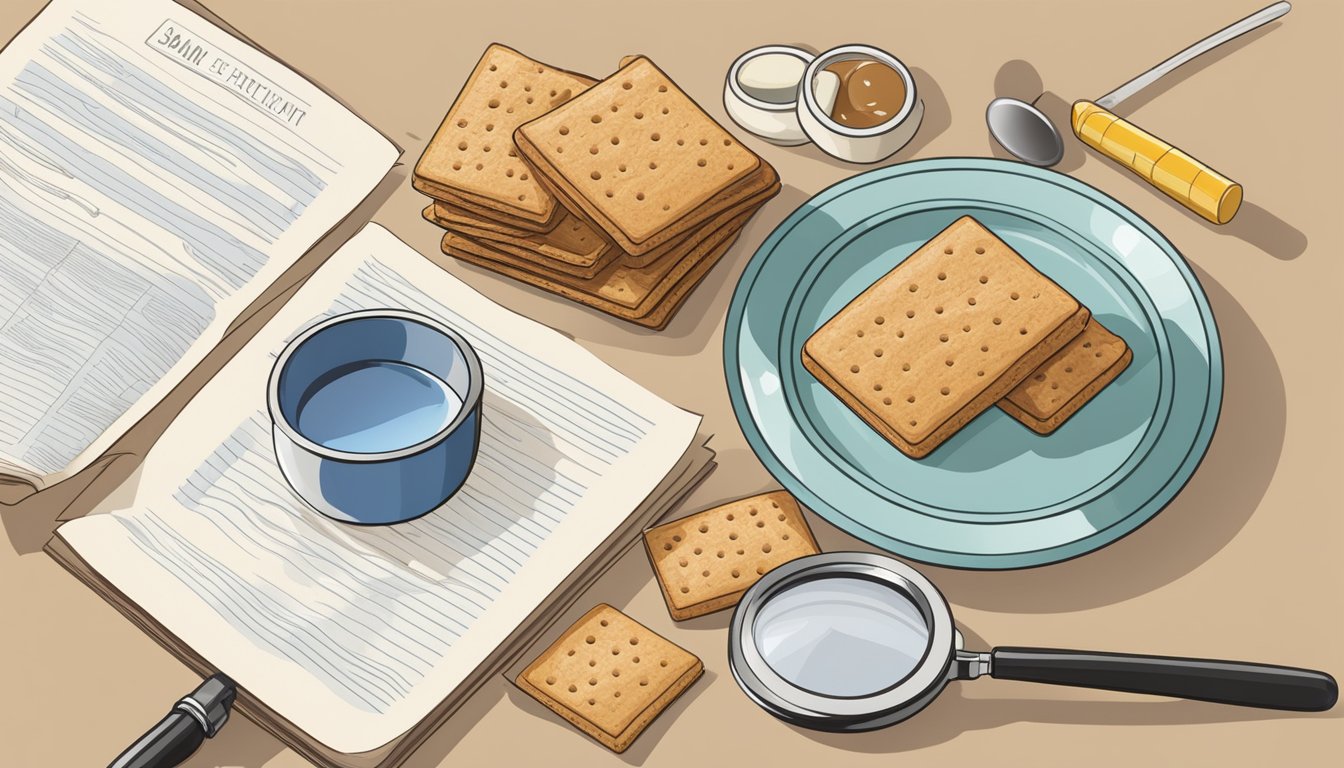 A plate of graham crackers next to a list of ingredients, with a magnifying glass inspecting the fine print