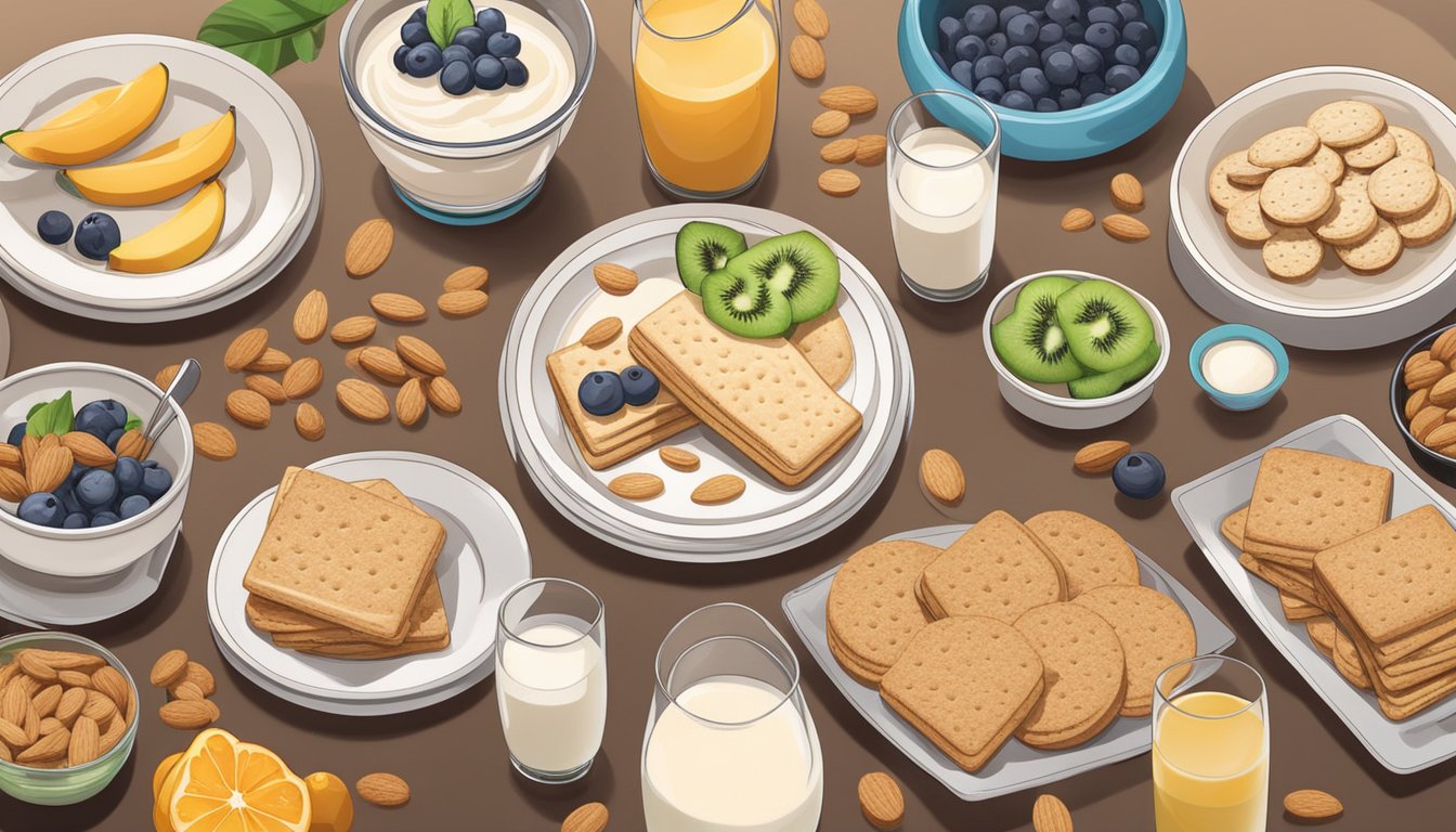 A table with a variety of vegan graham cracker brands displayed on plates, surrounded by ingredients like almond milk and fresh fruits