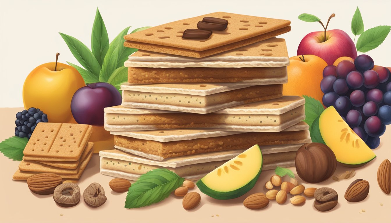 A stack of graham crackers surrounded by various plant-based ingredients such as fruits, nuts, and seeds