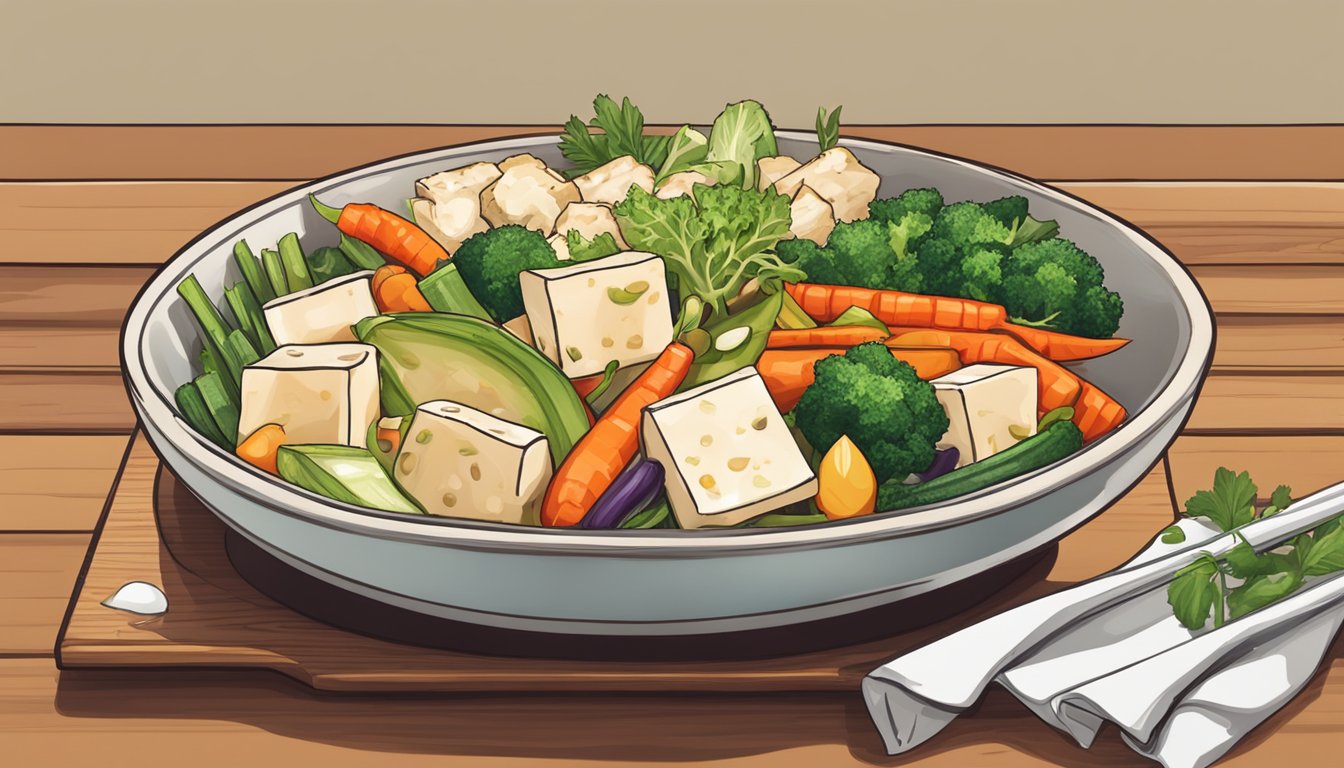 A bowl of assorted vegetables and tofu drizzled with sriracha sauce on a wooden cutting board