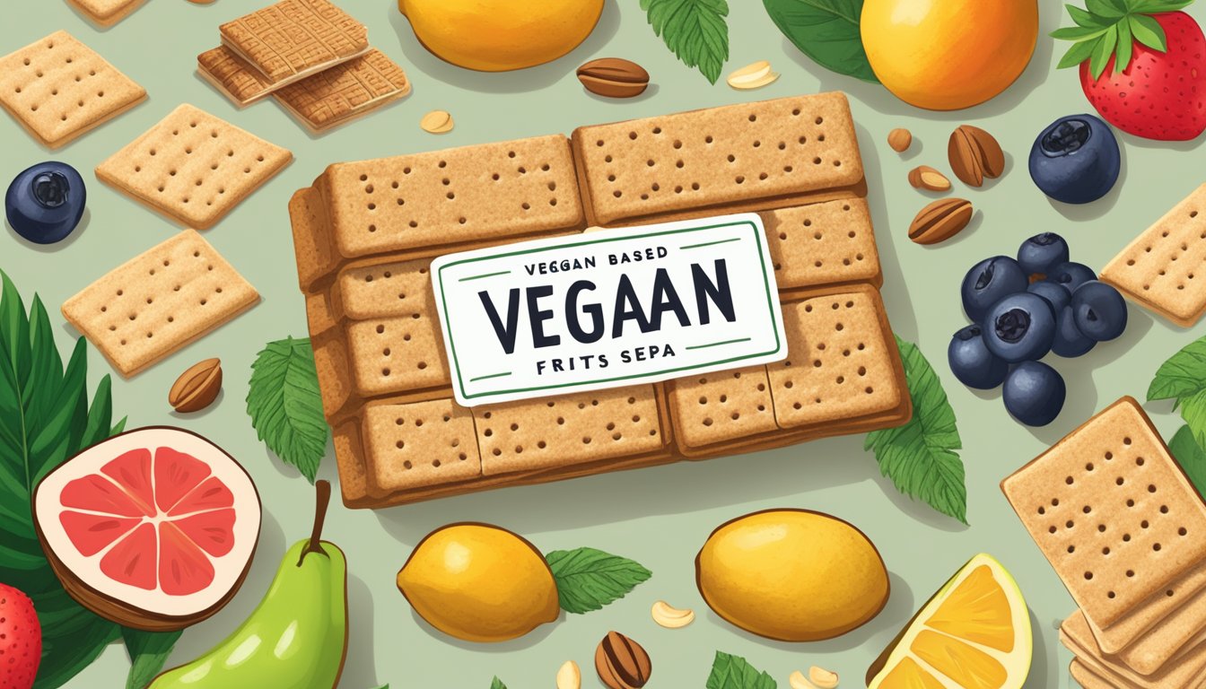 A pile of graham crackers surrounded by various plant-based ingredients like fruits, nuts, and seeds, with a "vegan" label prominently displayed