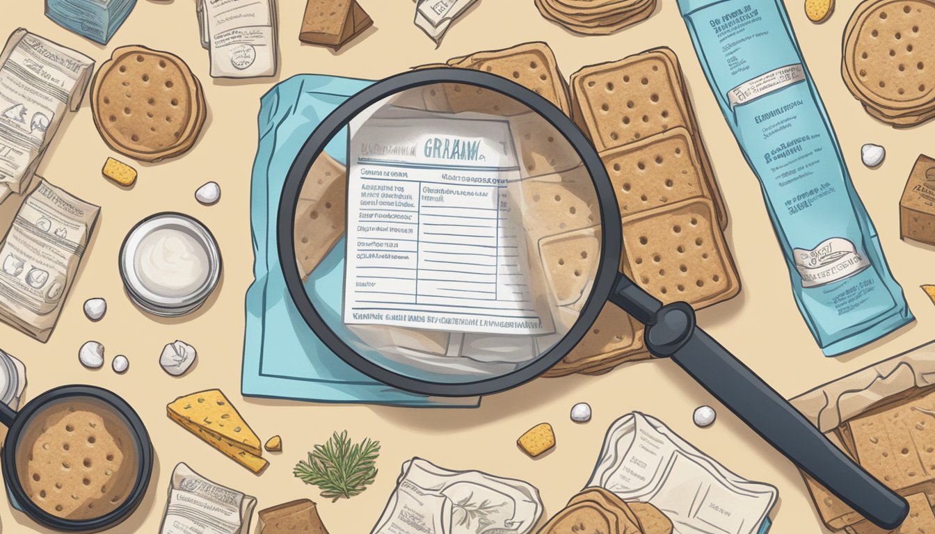 A package of graham crackers with a magnifying glass examining the ingredient list, surrounded by various animal products crossed out