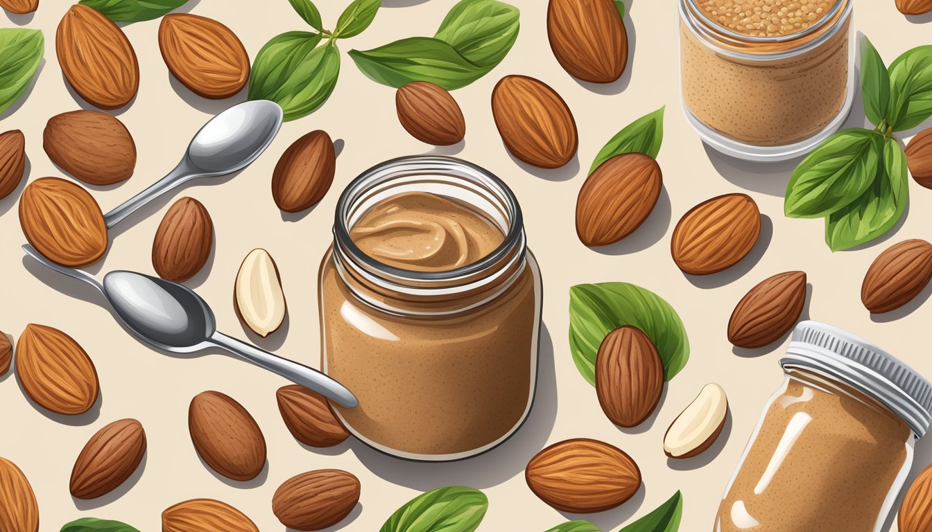 A jar of almond butter surrounded by almonds, a spoon, and a variety of fruits and vegetables