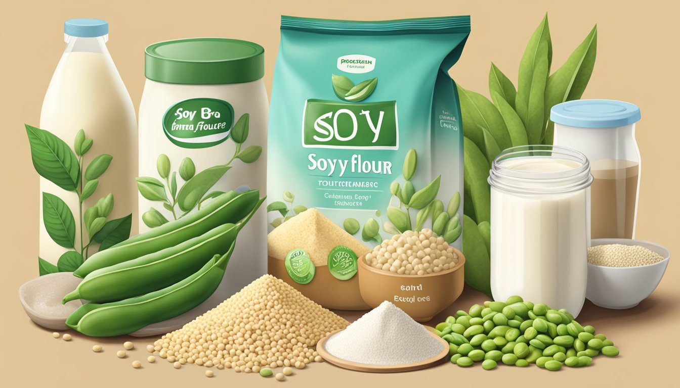 A bag of soy flour sits next to a variety of plant-based ingredients, including tofu, edamame, and soy milk