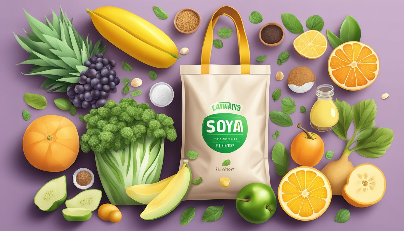 A bag of soy flour surrounded by a variety of vegan-friendly ingredients such as fruits, vegetables, and plant-based products