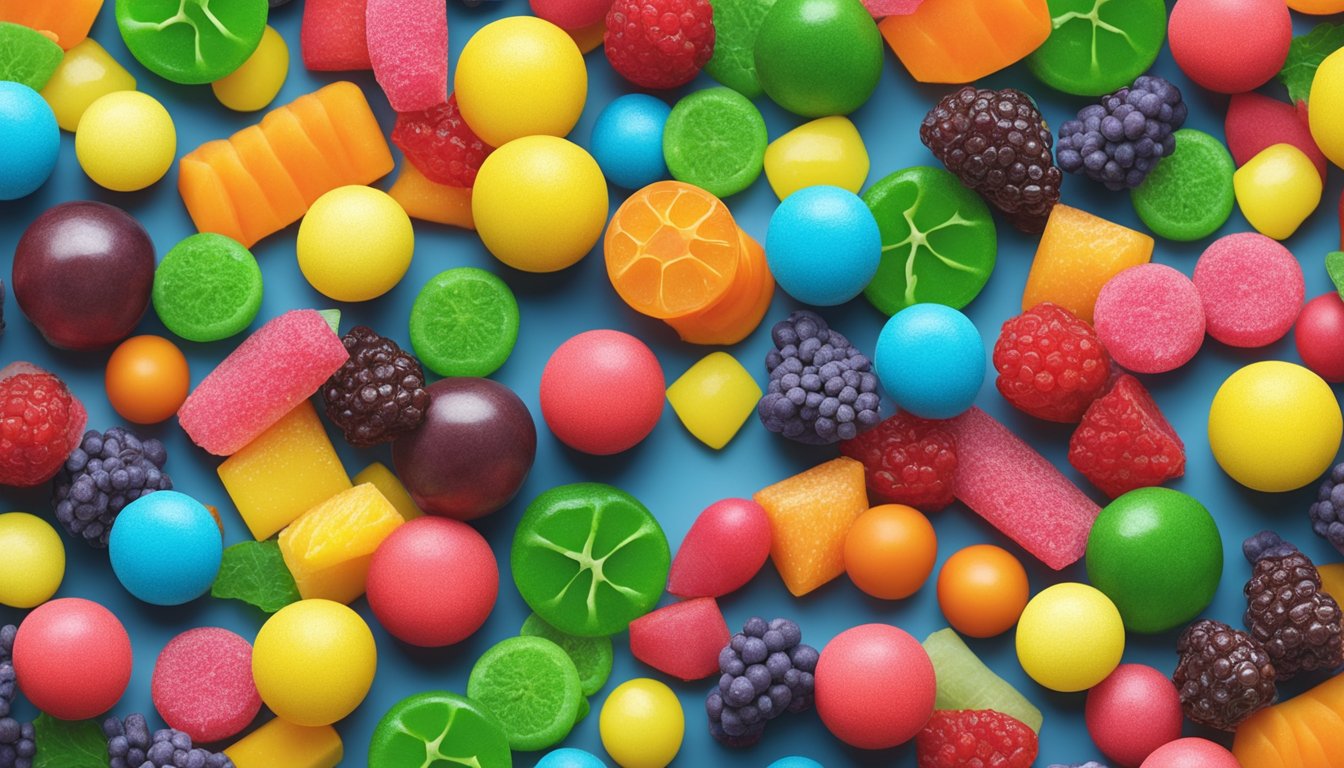 A colorful assortment of jolly rancher candies scattered on a table, with a variety of fruits and vegetables in the background, hinting at potential health and allergy concerns