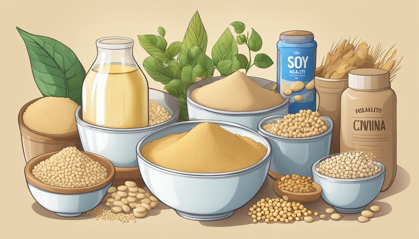 A bowl of soy flour surrounded by various soy-based products, with a banner highlighting its health benefits