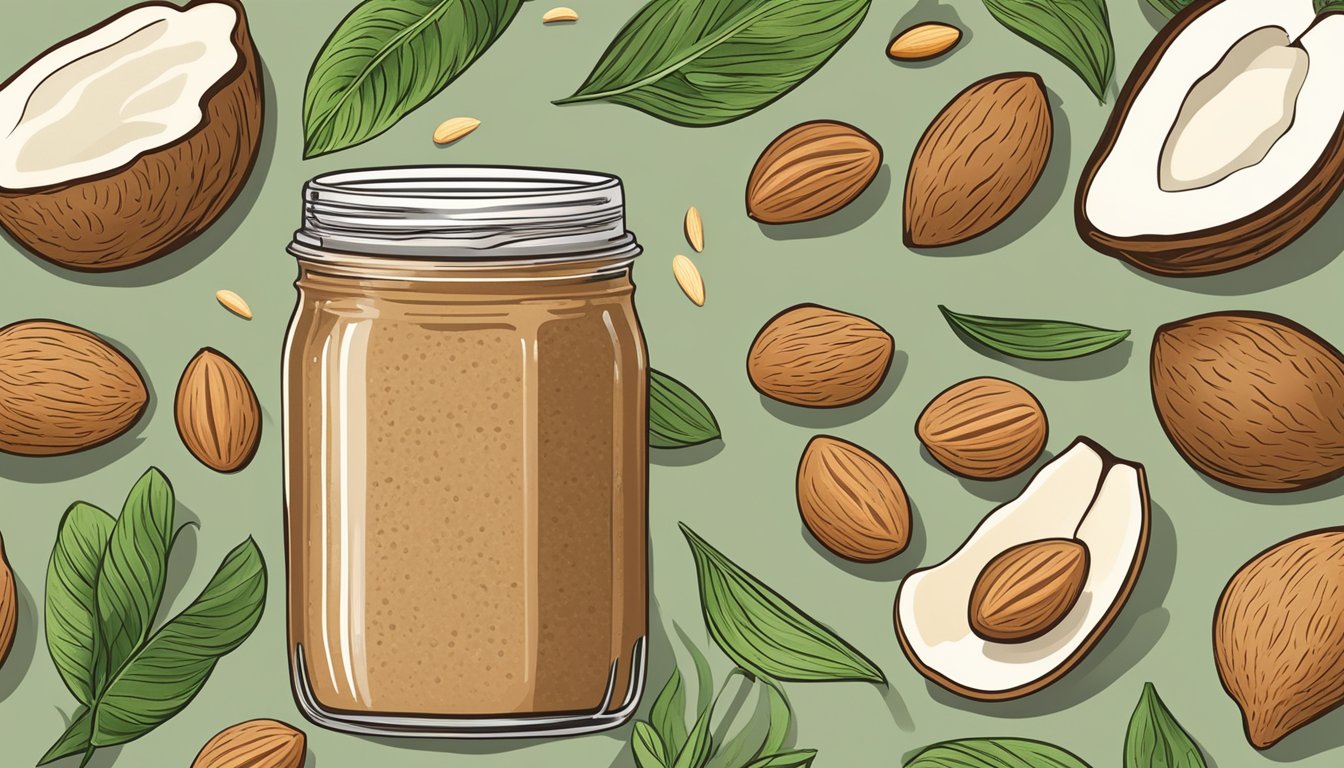 A jar of almond butter surrounded by a variety of fresh, plant-based ingredients such as almonds, coconuts, and soybeans