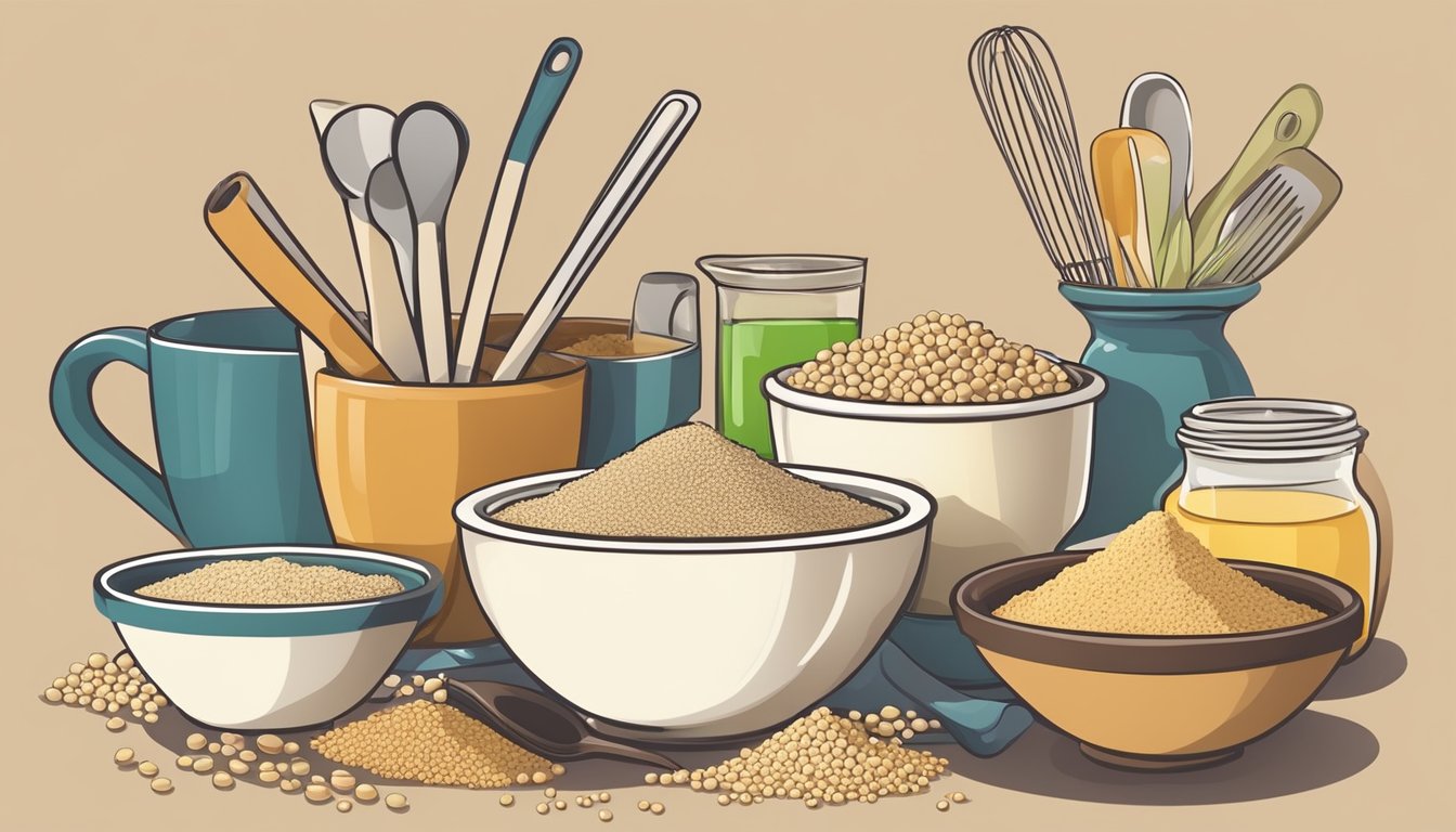 A bowl of soy flour sits next to a variety of ingredients and cooking utensils, ready to be used in vegan culinary creations