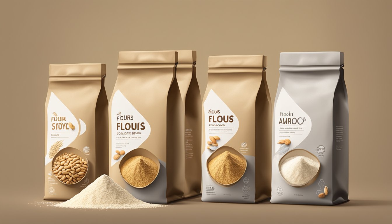 A variety of flours (wheat, almond, coconut) arranged in a row, with a bag of soy flour placed separately, indicating a comparison