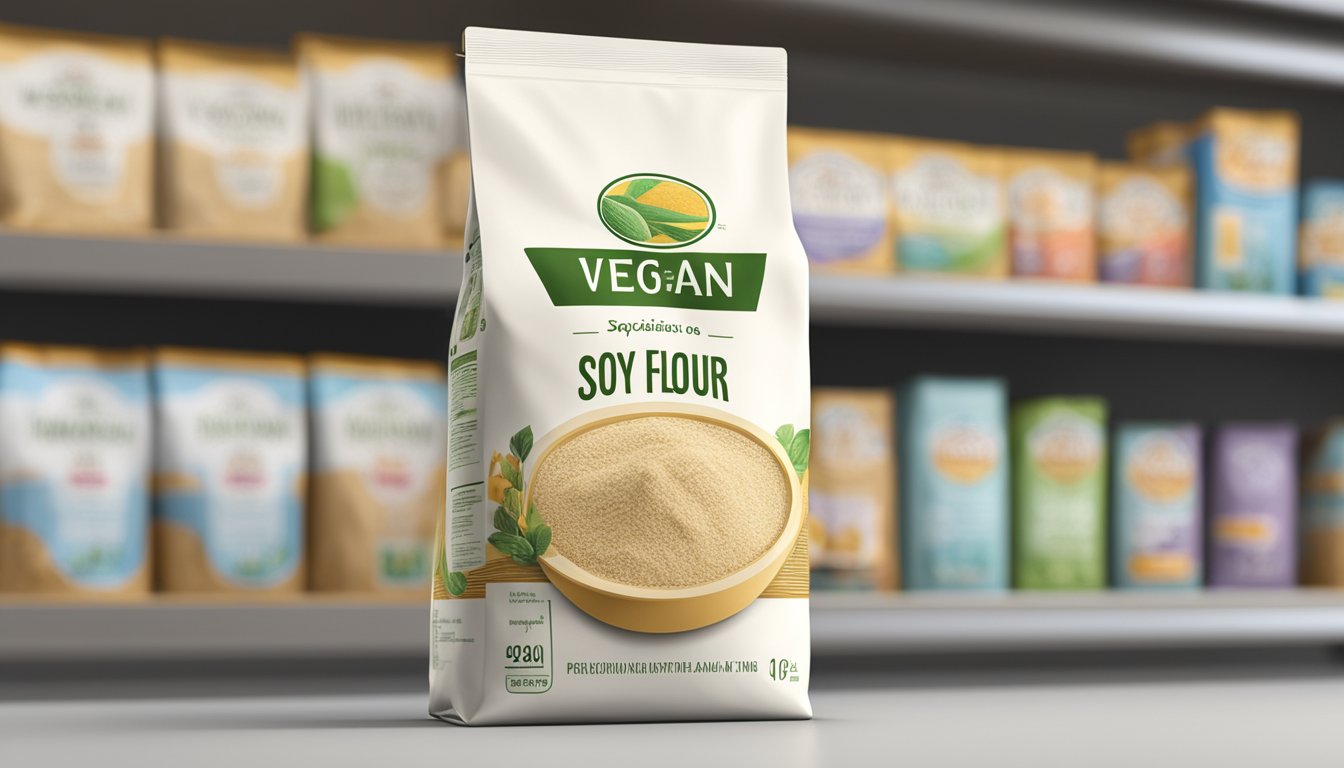 A bag of soy flour sits on a shelf with a "vegan" label. The expiration date is clearly marked on the packaging