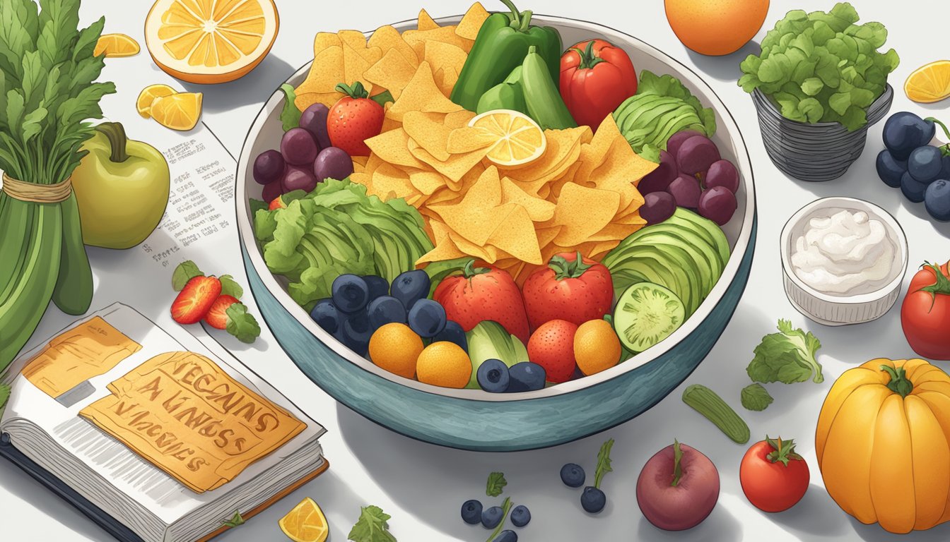 A bowl of Sun Chips surrounded by various fruits and vegetables, with a "Vegan" cookbook open nearby