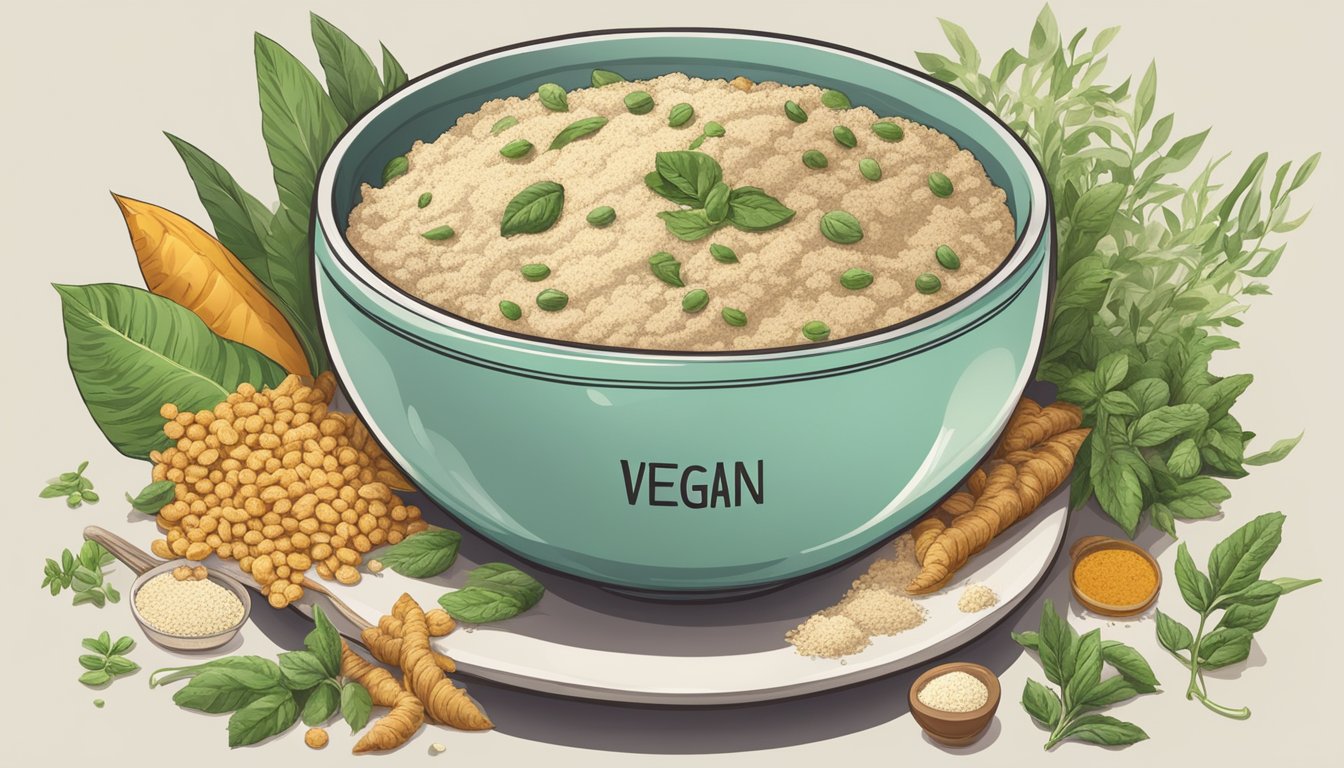 A bowl of soy flour surrounded by various plant-based ingredients and a "vegan" label