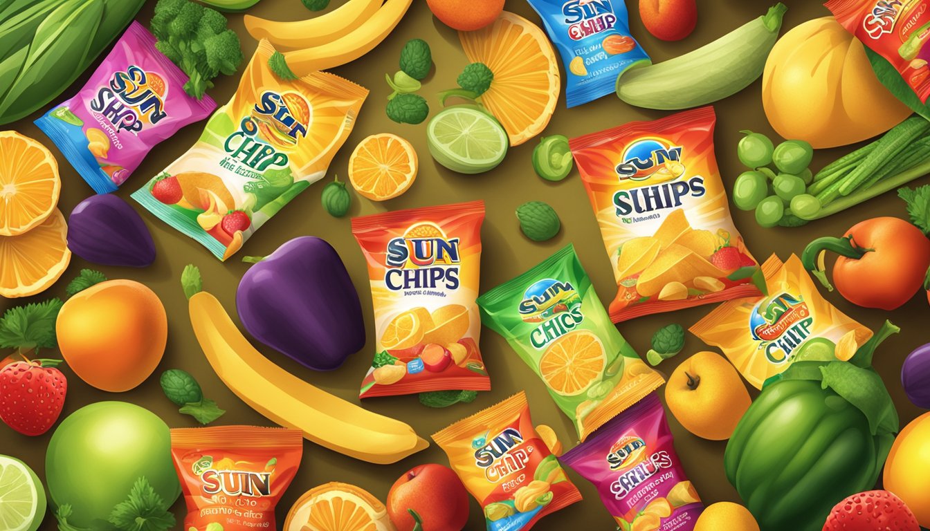 A bag of Sun Chips surrounded by a variety of colorful fruits and vegetables, with a sun shining brightly in the background