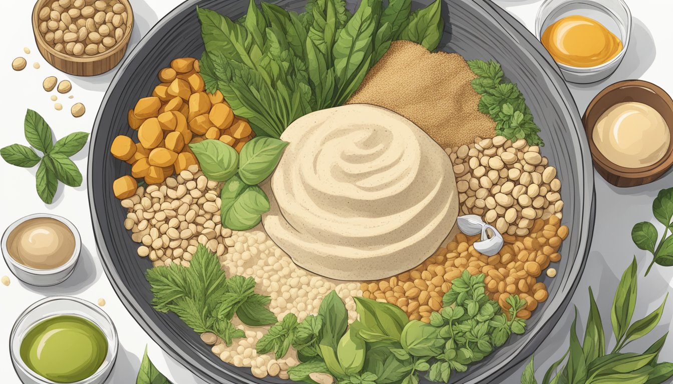 A bowl of soy flour surrounded by various plant-based ingredients and a "vegan" label