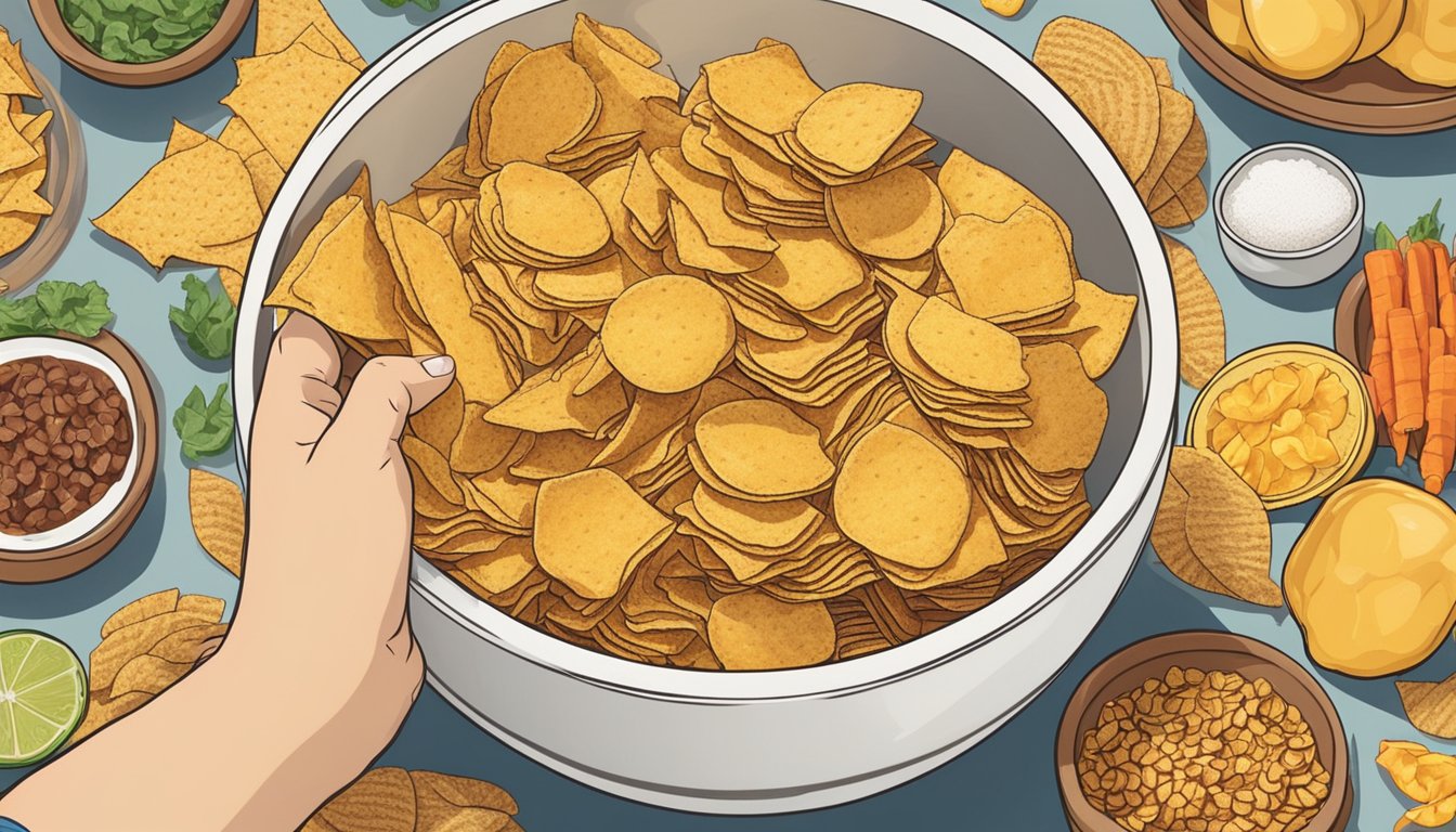 A bowl of Sun Chips surrounded by various ingredients, with a person's hand reaching out to pick one up