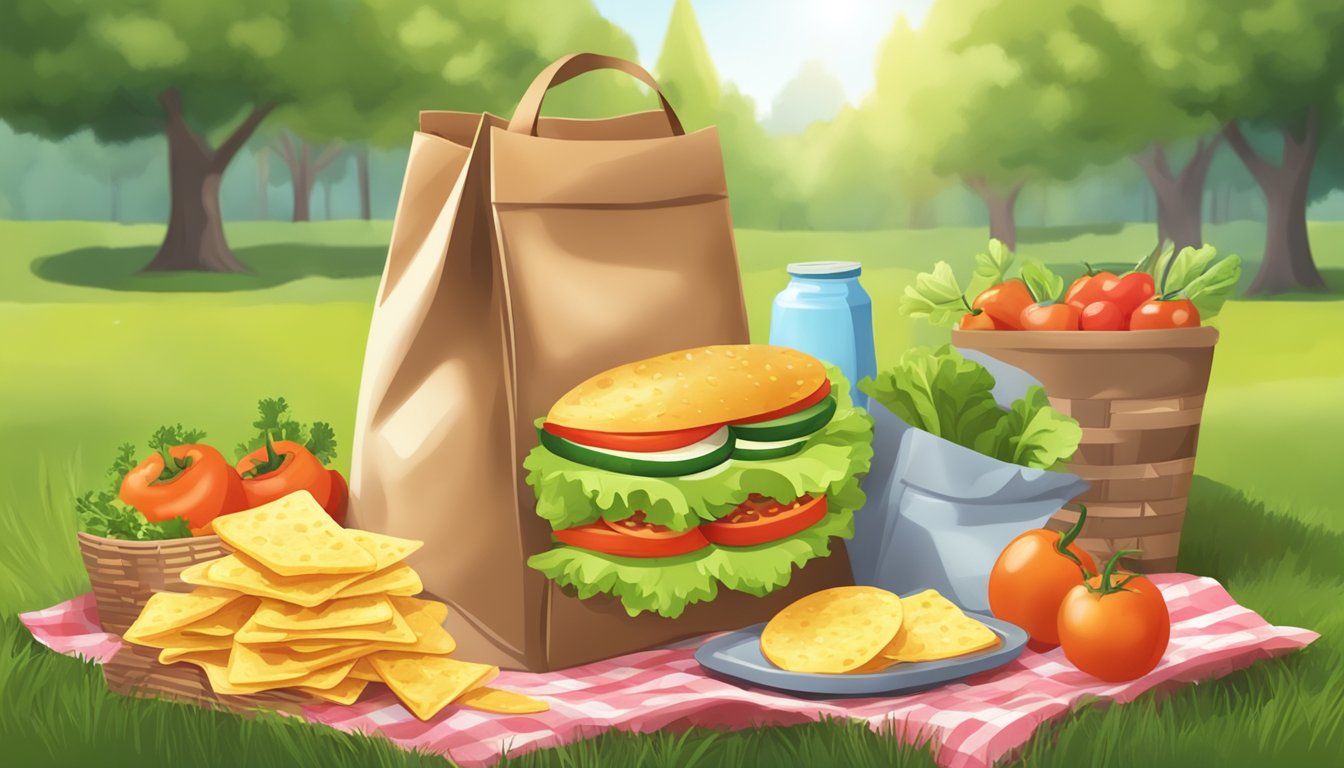 A bag of Sun Chips surrounded by fresh vegetables and a vegan sandwich on a picnic blanket in a sunny park