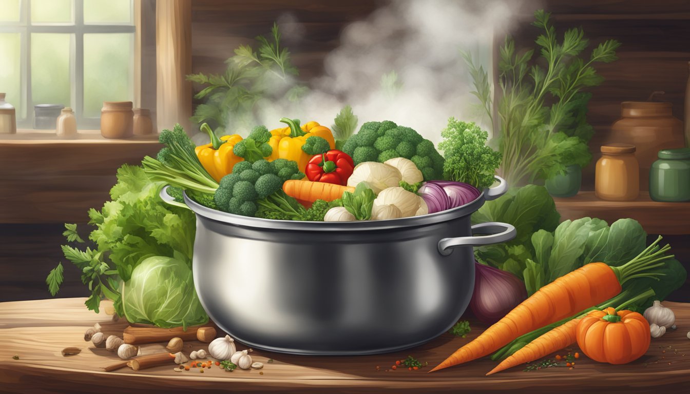 A steaming pot of vegetable broth with a variety of herbs, spices, and vegetables surrounding it on a rustic wooden table