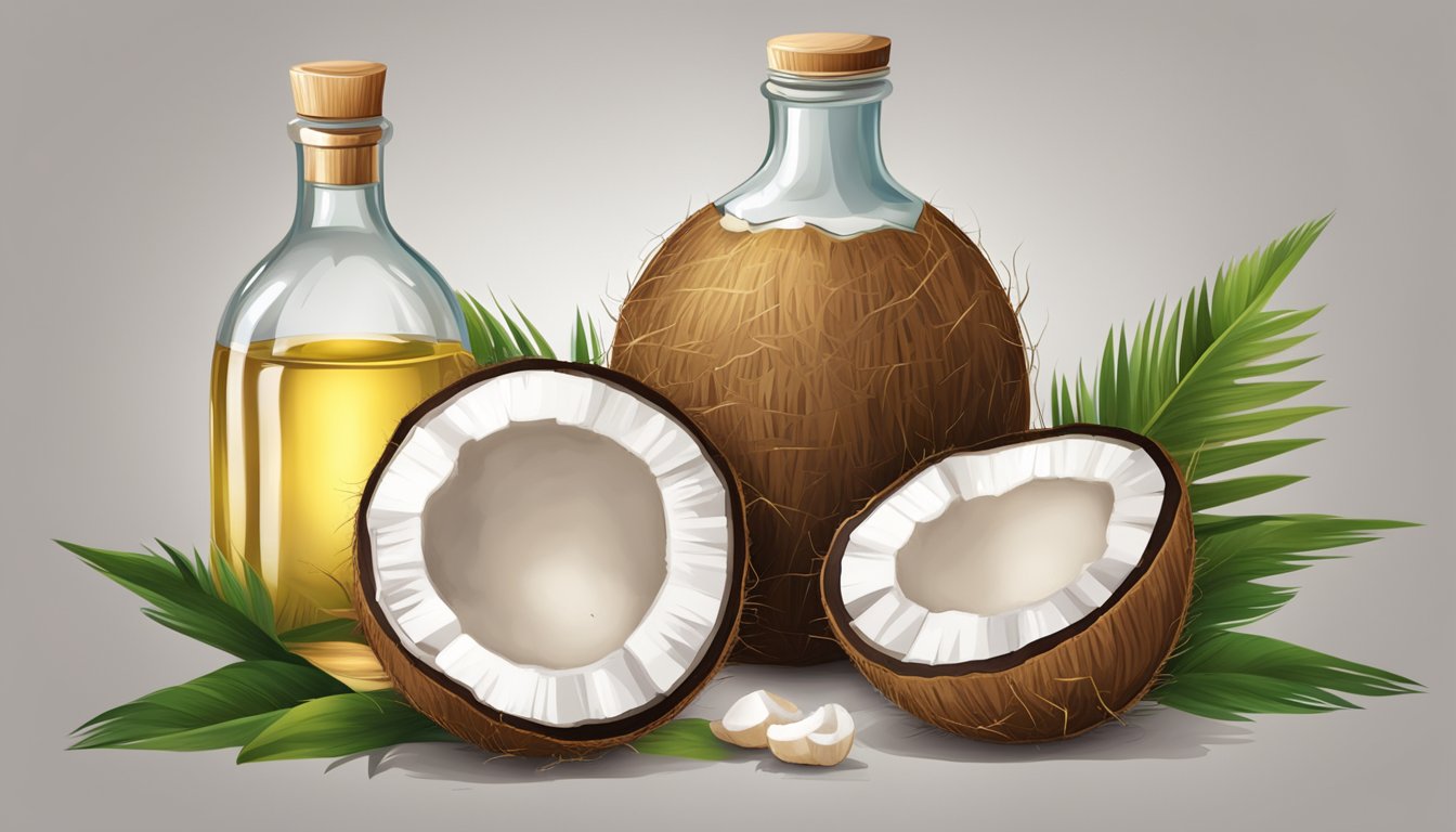 A coconut with a cracked shell, oozing oil, next to a pile of fresh coconuts and a bottle of coconut oil