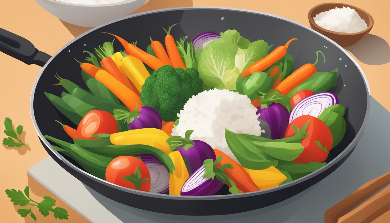 A bowl of colorful vegetables being cooked in a sizzling pan with a dollop of coconut oil