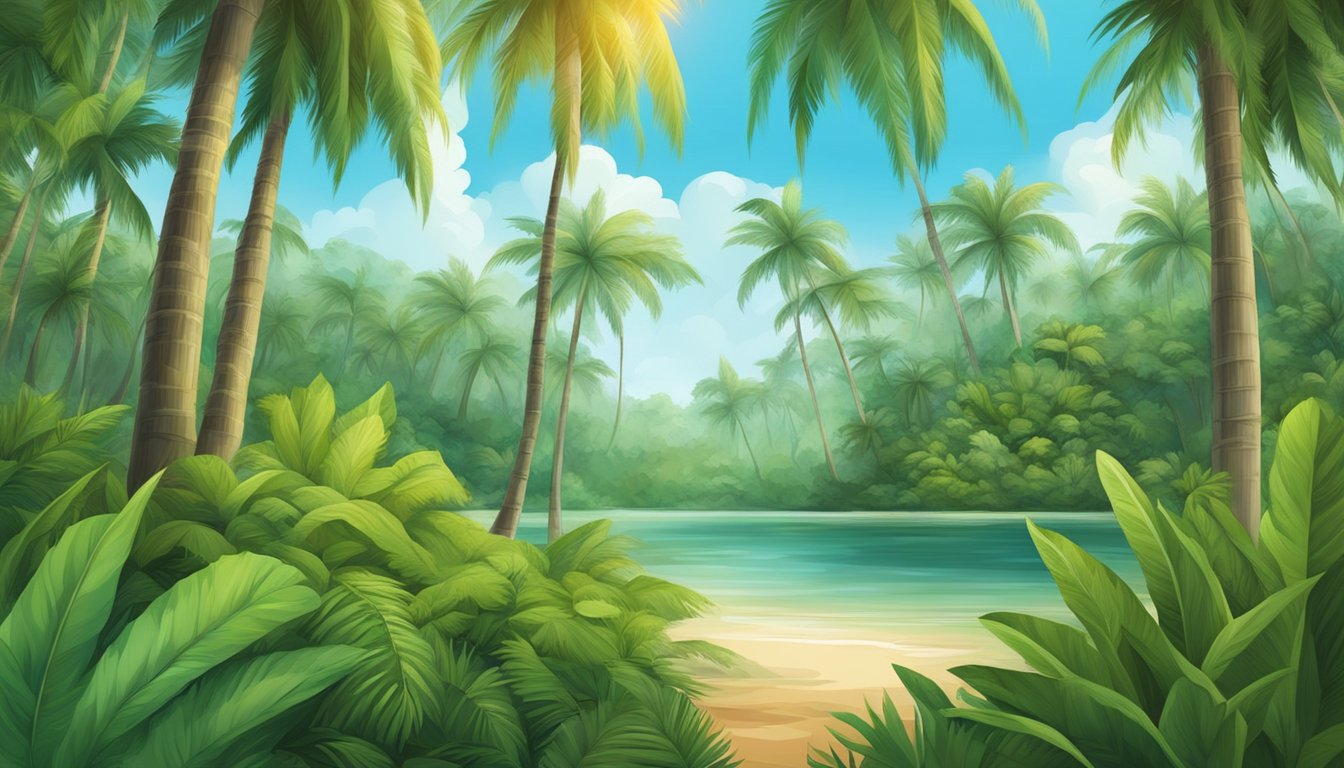 A tropical forest with coconuts hanging from palm trees, surrounded by wildlife and lush vegetation