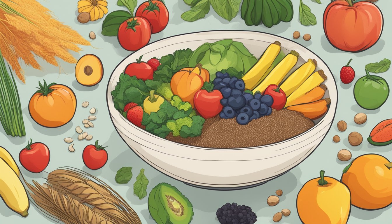 A bowl of teff flour surrounded by various fruits and vegetables, with a sign indicating its health benefits