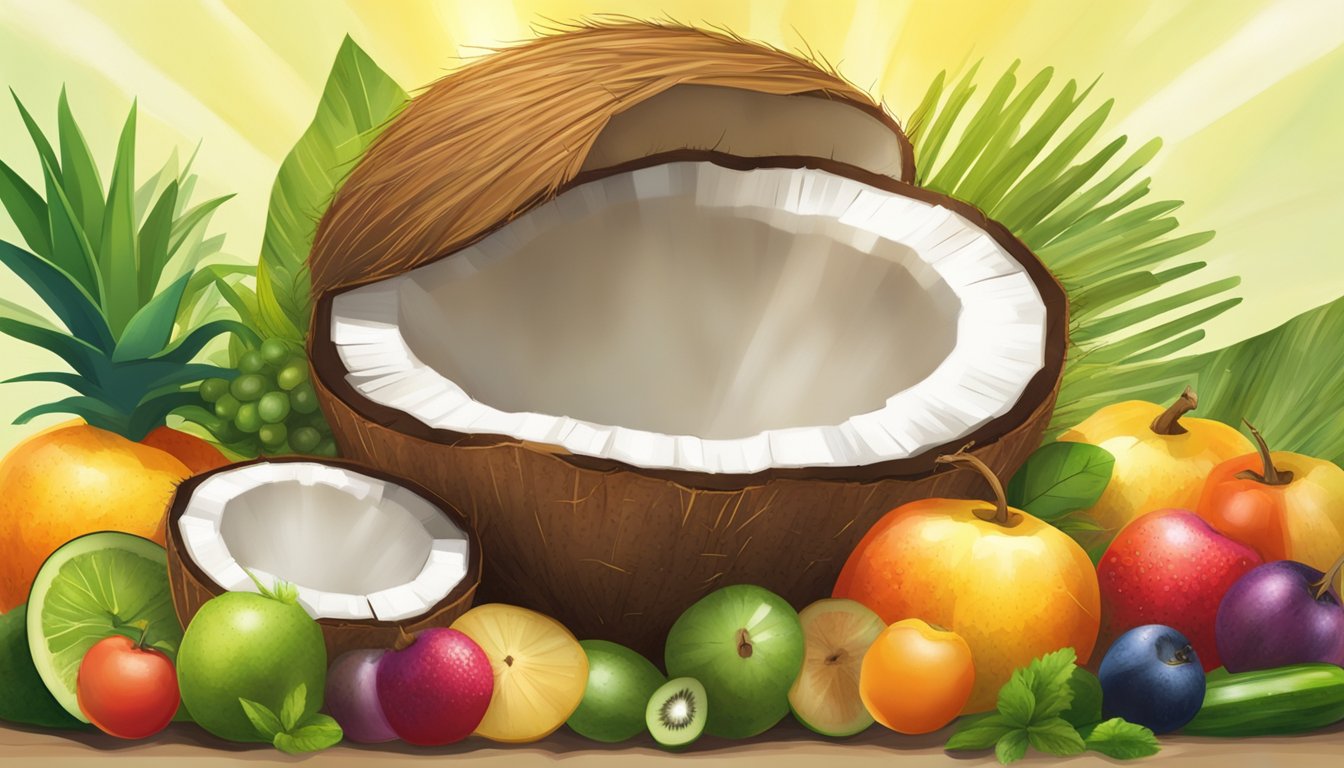 A coconut with a halo above it, surrounded by various fruits and vegetables, with a radiant glow emanating from the coconut