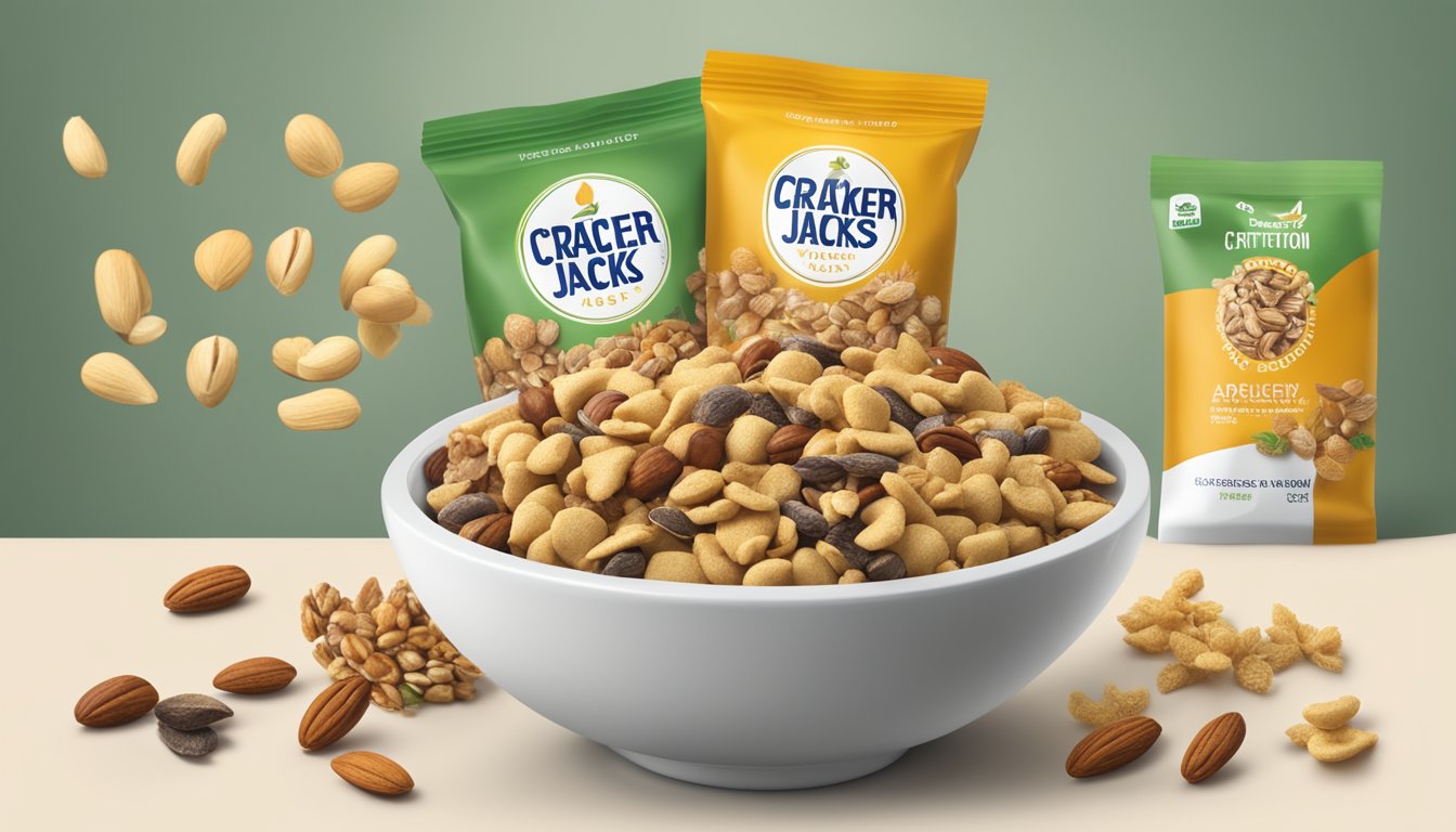 A bowl of cracker jacks with a variety of nuts and seeds, next to a vegan certification logo