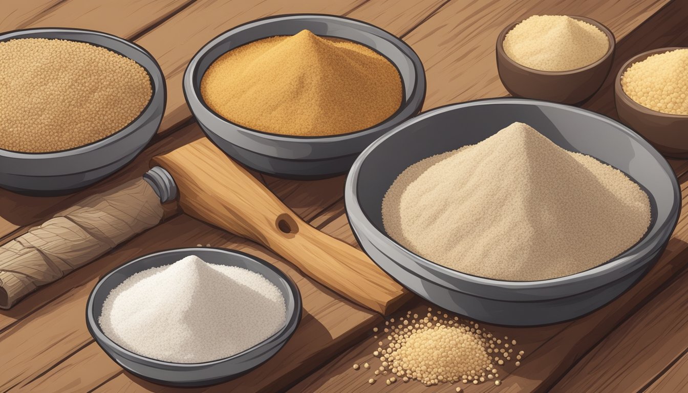 A variety of gluten-free flours arranged on a wooden table, including teff flour in a small bowl