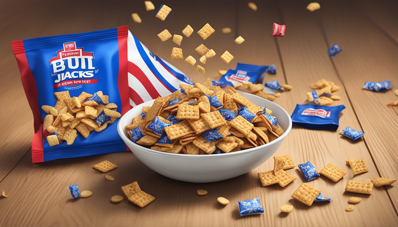 A bowl of Cracker Jacks spilling out onto a wooden table, with the iconic red and blue packaging scattered around