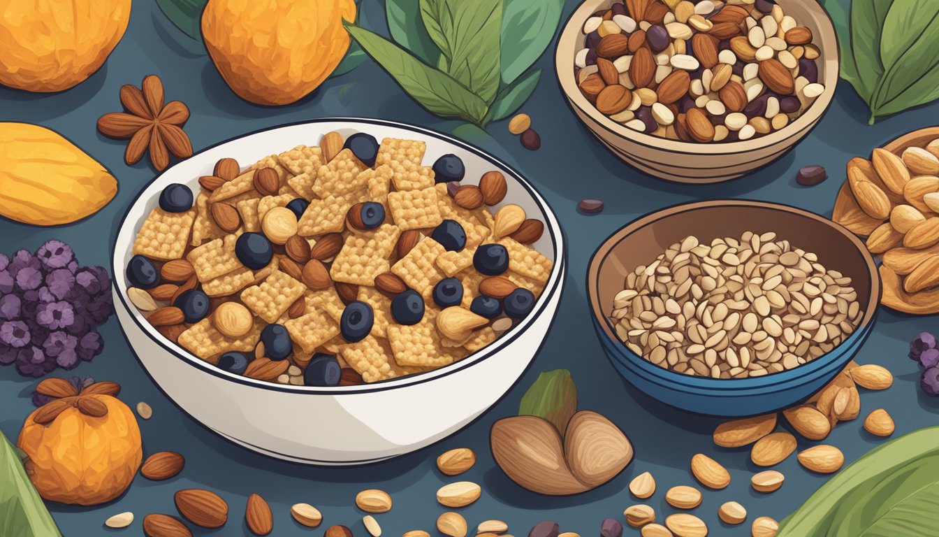 A bowl of vegan-friendly cracker jacks next to a pile of colorful, plant-based ingredients like nuts, seeds, and dried fruits